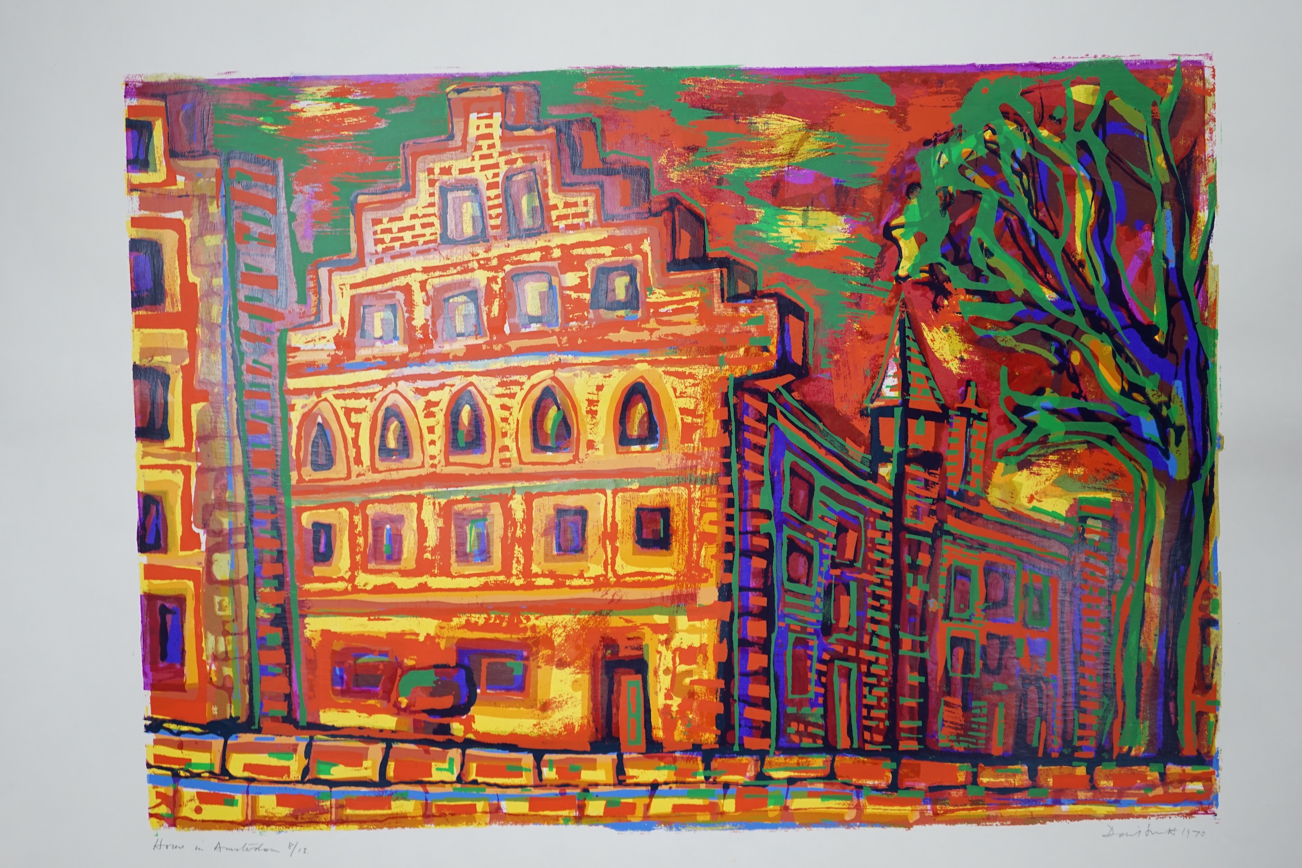 David Smith (British, 1930-1999), six colour screenprints, to include: 'Amsterdam', 'Tulip Fields in Holland' and 'Street Scenes' some signed in pencil and limited edition, largest 101 x 77cm, unframed. Provenance; from